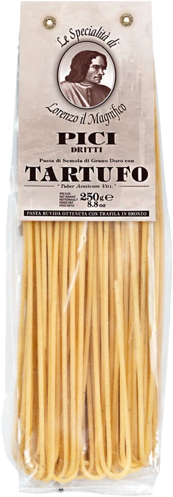 Pici dritti al tartufo – dicke, handgerollte Pasta mit Sommertrüffel aus Hartweizengrieß und Ei, verpackt