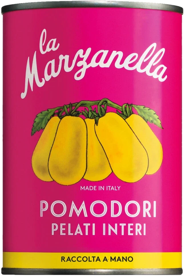 Dose Pomodori pelati gialli – ganze, geschälte gelbe Tomaten im eigenen Saft, im pinken Vintage-Design