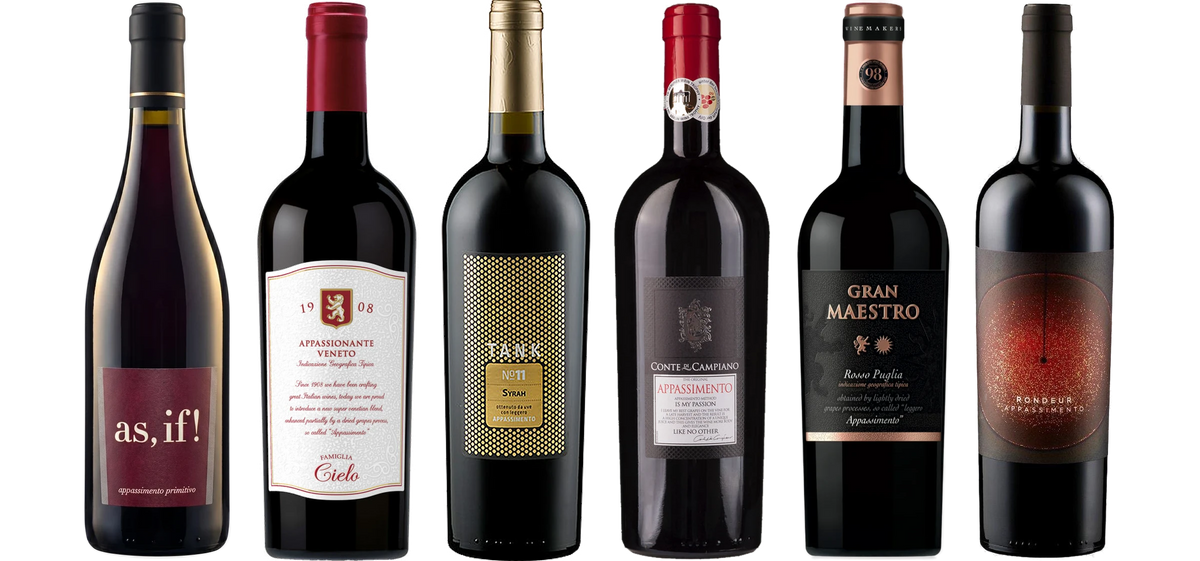 The six wines from "Sample pack Appassimento": as, if! Appassimento Primitivo, Cielo 1908 Appasionante Veneto, TANK 11 Syrah Appassimento IGT, Appassimento Negroamaro Passito, Cielo Gran Maestro Appassimento Rosso, Rondeur Appassimento