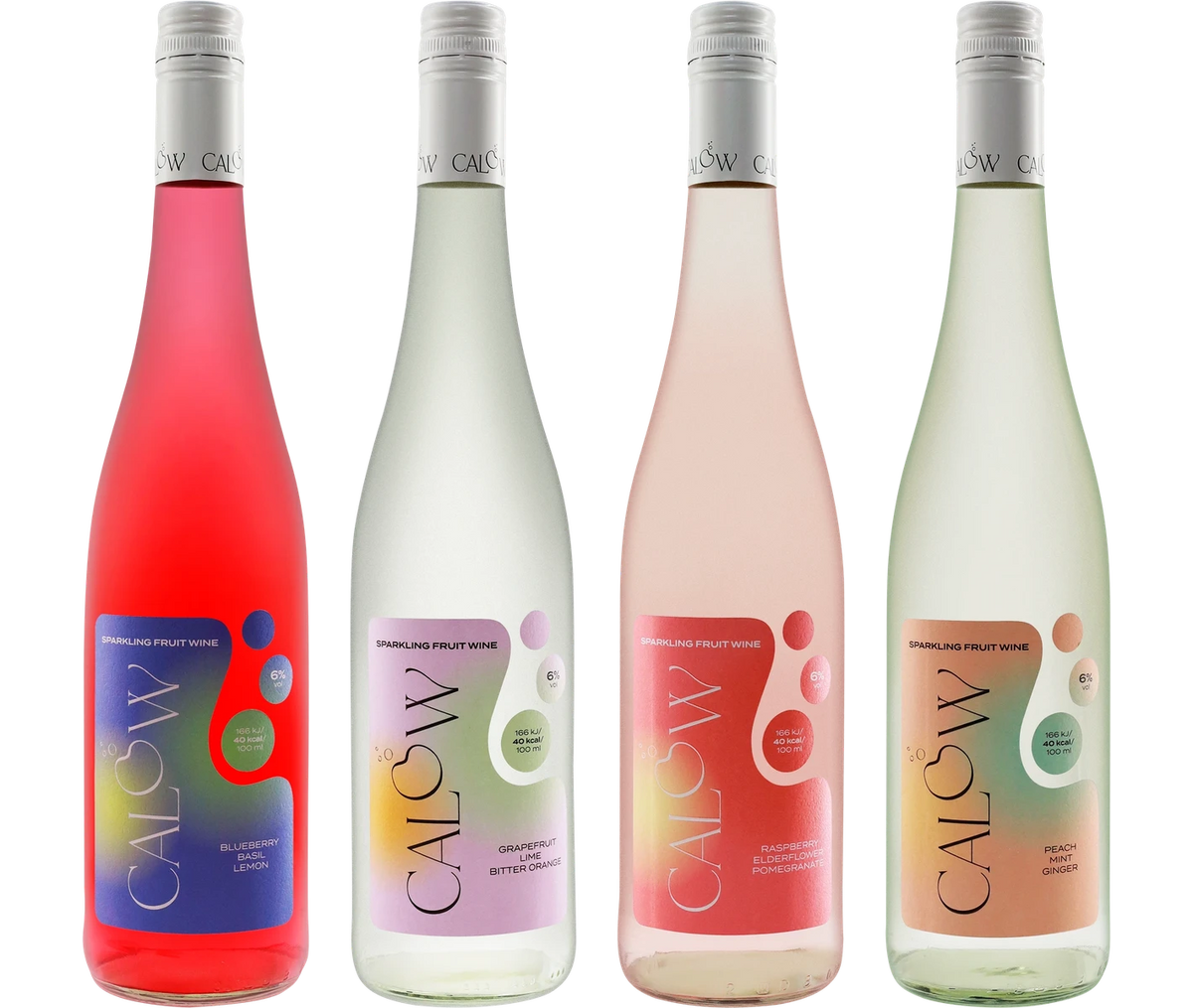 The four bottles from "Sample pack Calow": CALOW Blueberry-Basil, CALOW Grapefruit-Lime, CALOW Raspberry-Elderflower, CALOW Peach-Ginger