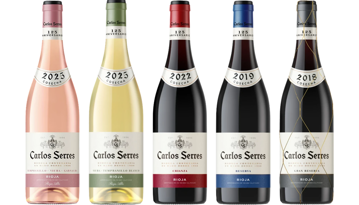 The five wines from "Sample pack Carlos Serres": Carlos Serres Rosado, Carlos Serres Blanco, Carlos Serres Crianza, Carlos Serres Reserva, Carlos Serres Gran Reserva