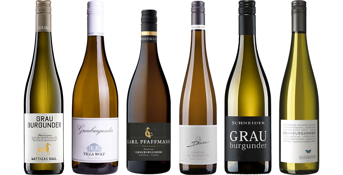 The six wines from "Sample pack Pinot Gris": Matthias Gaul Pinot Gris, Villa Wolf Pinot Gris dry, Pfaffmann Selection Walsheimer Silberberg Pinot Gris, A. Diehl Pinot Gris one to one dry, Markus Schneider Pinot Gris, Kaisermantel Pinot Gris dry