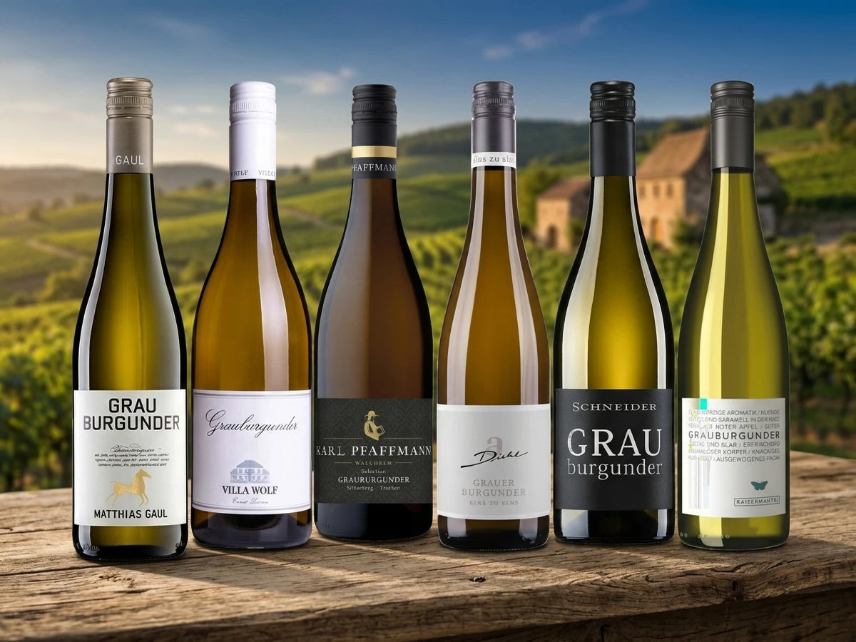 Probierpaket Grauburgunder – sechs deutsche Grauburgunder vor Pfälzer Weinbergen