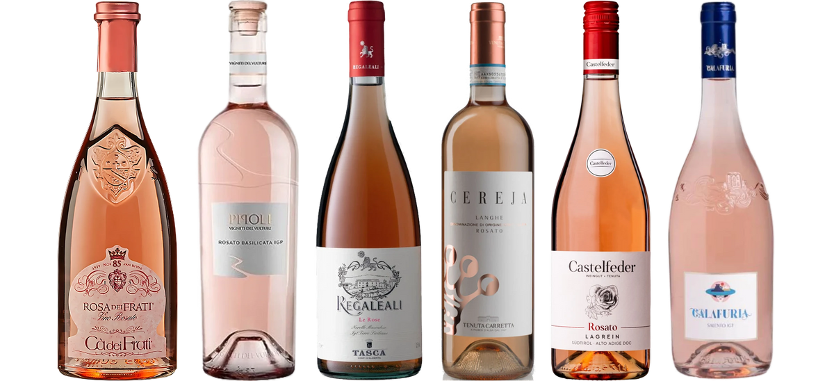 The six wines from "Sample pack Italo Rose": Rosa dei Frati DOC, Pipoli Rosato Basilicata, Rosé di Regaleali Sicilia, Cereja Langhe Rosato, Castelfeder Lagrein Rosato, Calafuria Rosé Negroamaro Salento