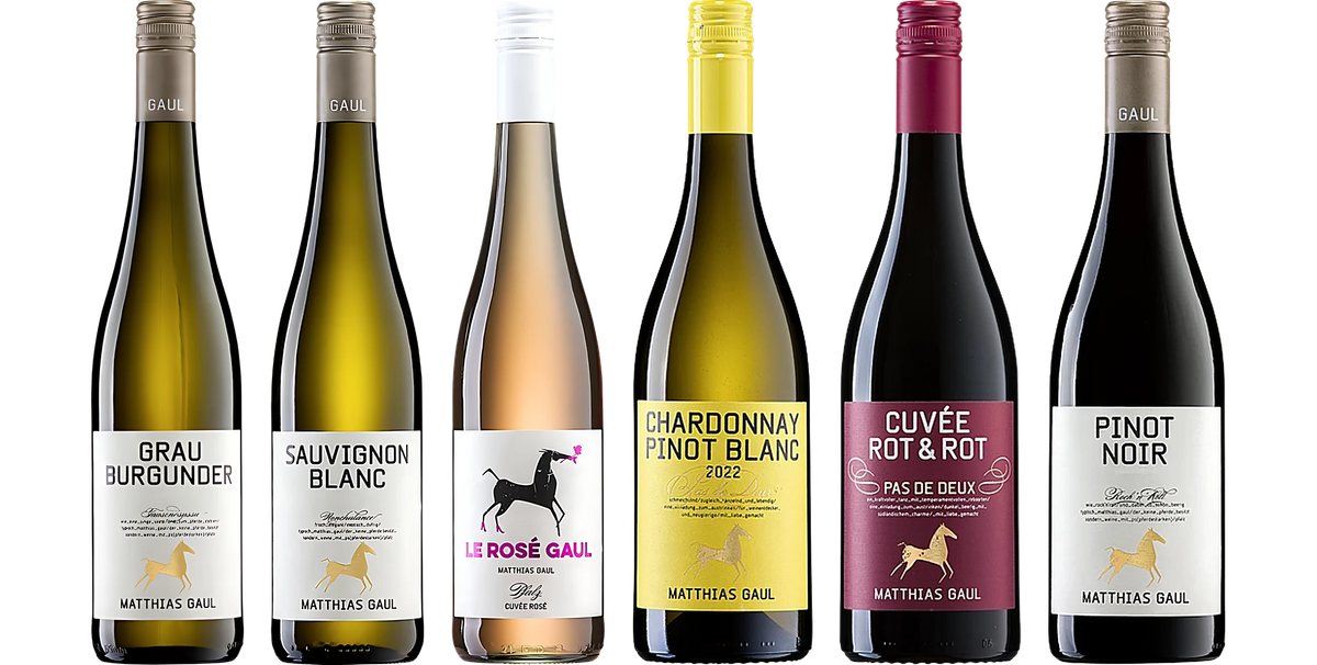 The six wines from the "Matthias Gaul Sample pack": Matthias Gaul Grauburgunder, Matthias Gaul Sauvignon Blanc, Matthias Gaul Le Rosé, Matthias Gaul Pas de Deux white, Matthias Gaul Pas de Deux Cuvée Red & Red, Matthias Gaul Pinot Noir