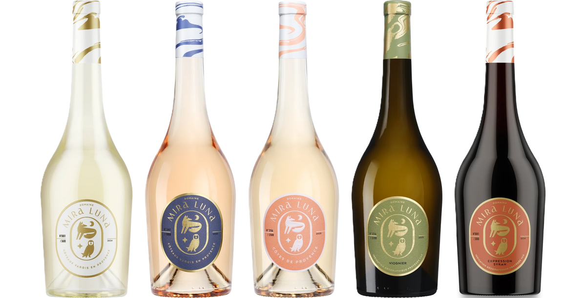 The five wines from "Sample pack Mira Luna": Cuvée Rolle Amphora, Coteaux Varois en Provence Rosé, Côtes de Provence Rosé, Viognier, Syrah Amphora