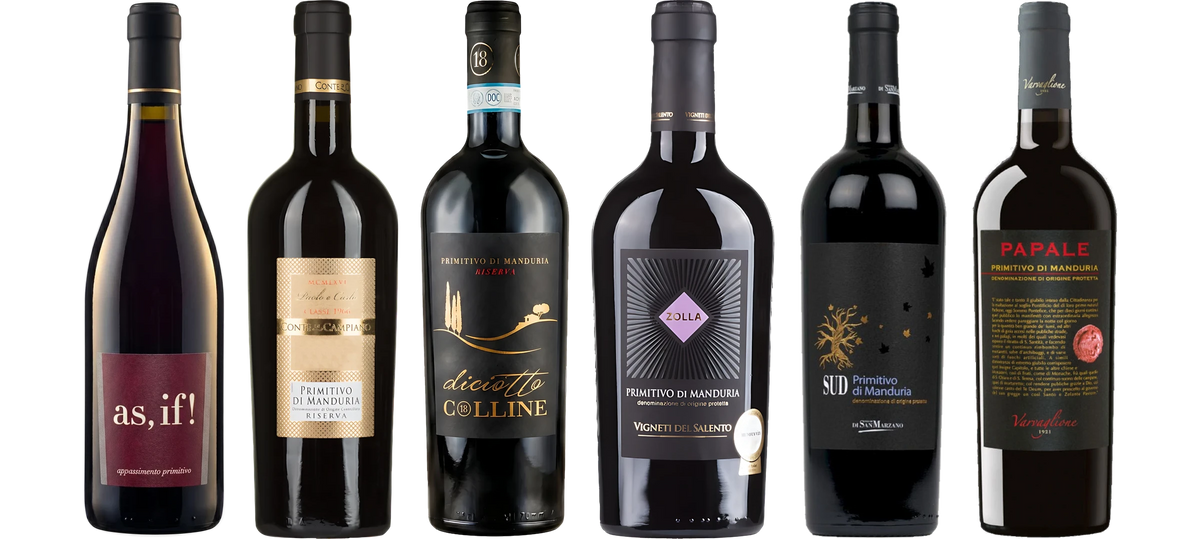 The six wines from "Sample pack Primitivo": as, if! Appassimento Primitivo, Primitivo di Manduria Riserva DOC Paolo e Carlo Classe 1966, Diciotto Colline Primitivo di Manduria Riserva DOC, Zolla Primitivo di Manduria, SUD Primitivo di Manduria, Varvaglione Papale Primitivo di Manduria