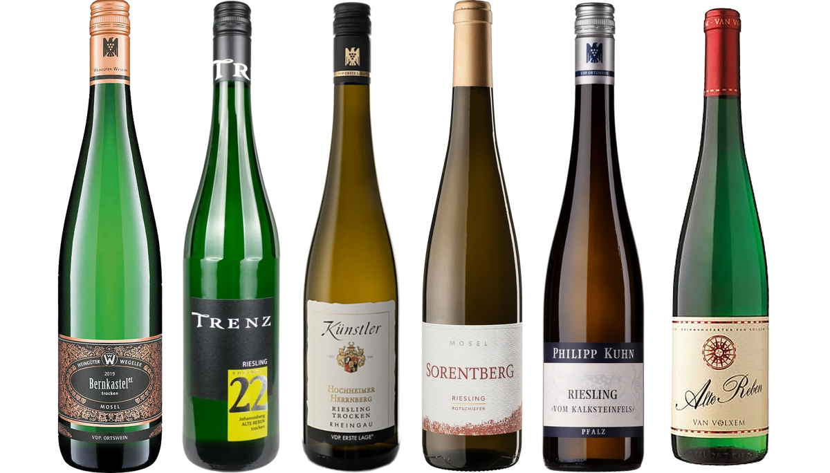 The six wines from "Sample pack Riesling": Bernkastel Schiefer Riesling dry, Trenz Johannisberg Old Vines Riesling, Künstler Herrnberg Riesling First Growth dry, Sorentberg Riesling Red Slate, Philipp Kuhn Laumersheimer Riesling From Limestone Rock dry, Van Volxem Riesling Old Vines dry