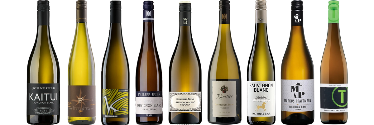 The nine wines from "Sample pack Sauvignon Blanc from Germany": Markus Schneider Kaitui Sauvignon Blanc, Sauvignon Blanc Estate Wine, Kesselring Sauvignon Blanc, Philipp Kuhn Sauvignon Blanc Tradition dry, Bassermann-Jordan Sauvignon Blanc, Künstler Sauvignon Blanc Limestone dry, Matthias Gaul Sauvignon Blanc, Markus Pfaffmann Sauvignon Blanc dry, Tina Pfaffmann Sauvignon Blanc