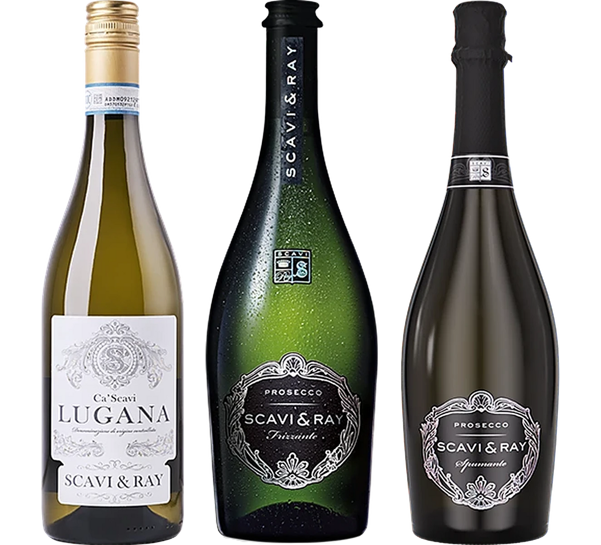 Die drei Weine aus „Probierpaket Scavi & Ray“: Scavi & Ray Ca' Scavi Lugana DOC, Scavi & Ray Prosecco DOC Frizzante, Scavi & Ray Prosecco DOC Spumante