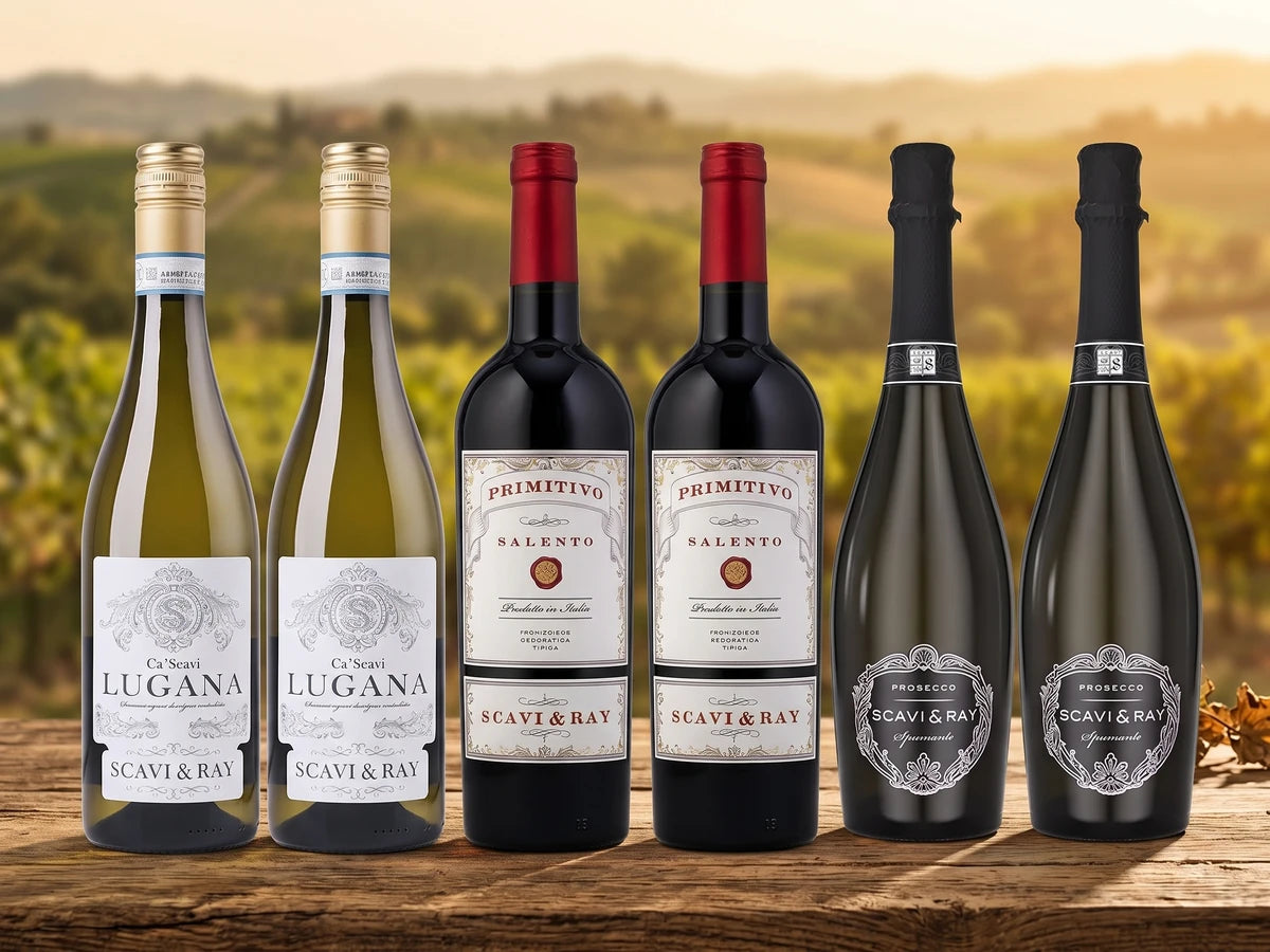 Probierpaket Scavi & Ray – je zwei Flaschen Lugana, Primitivo und Prosecco auf einem Holztisch vor italienischer Weinberglandschaft.