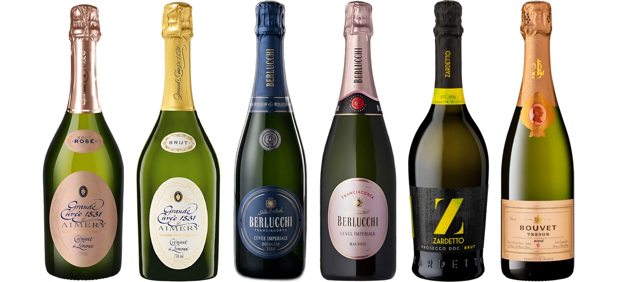 The six wines from "Sample pack Sparkling Wine": Grand Cuvée 1531 de Aimery Crémant Rosé Brut de Limoux, Grand Cuvée 1531 de Aimery Crémant Brut de Limoux, Berlucchi Franciacorta Cuvee Imperiale Dosaggio Zero, Berlucchi Franciacorta Cuvée Imperiale Max Rosé DOCG Brut, Zardetto Prosecco Spumante DOC Brut, Bouvet Tresor Rosé Brut