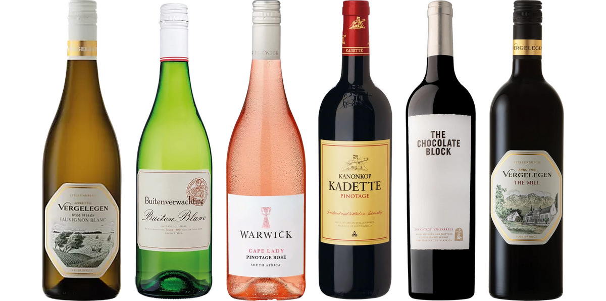The six wines from "Sample pack South Africa Premium": Vergelegen Wild Winds Sauvignon Blanc, Buitenverwachting Buiten Blanc, Warwick Cape Lady Pinotage Rose, Kanonkop Kadette Pinotage, The Chocolate Block, Vergelegen The Mill Cabernet Sauvignon/Merlot