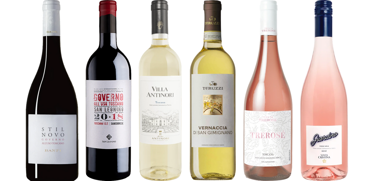 The six wines from "Sample pack Tuscany": Banfi Stilnovo Governo all'Uso Toscano, San Leonino Governo all’uso Toscano, Villa Antinori Bianco Toscana, Teruzzi Vernaccia di San Gimignano, Rosé di TreRose Toscana, Santa Cristina Giardino Rosé