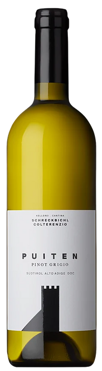 Puiten Pinot Grigio white wine bottle from Kellerei Schreckbichl, light label with mountain motif