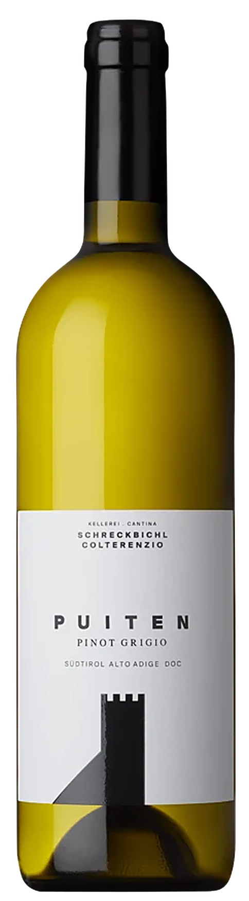 Weißweinflasche Puiten Pinot Grigio von Kellerei Schreckbichl, helles Etikett mit Bergmotiv