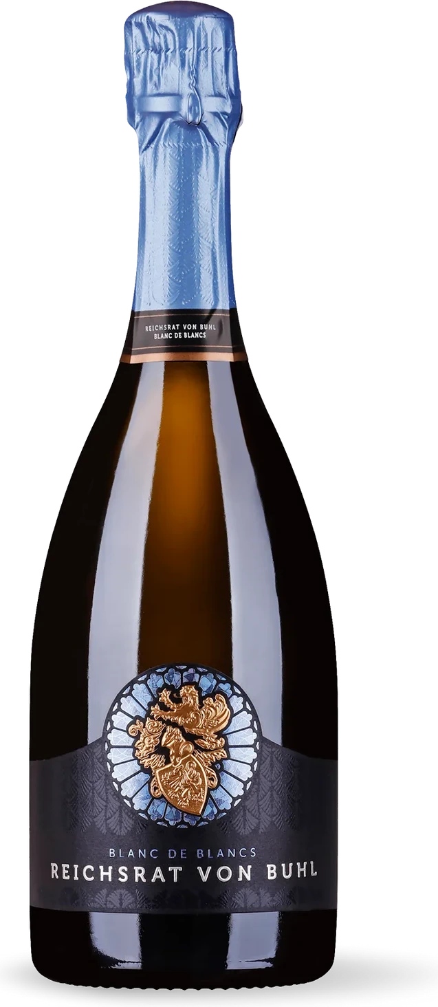 Reichsrat von Buhl Blanc de Blancs Prestige brut, helle Sektflasche mit elegantem Etikett
