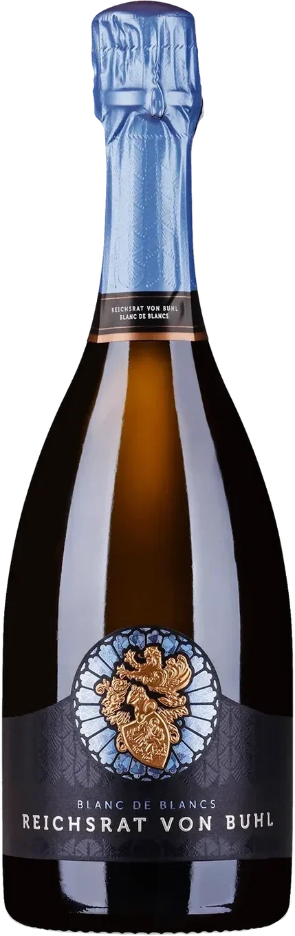 Flasche Reichsrat von Buhl Blanc de Blancs Prestige brut, Sekt aus der Pfalz, weißes Etikett mit goldenen Akzenten
