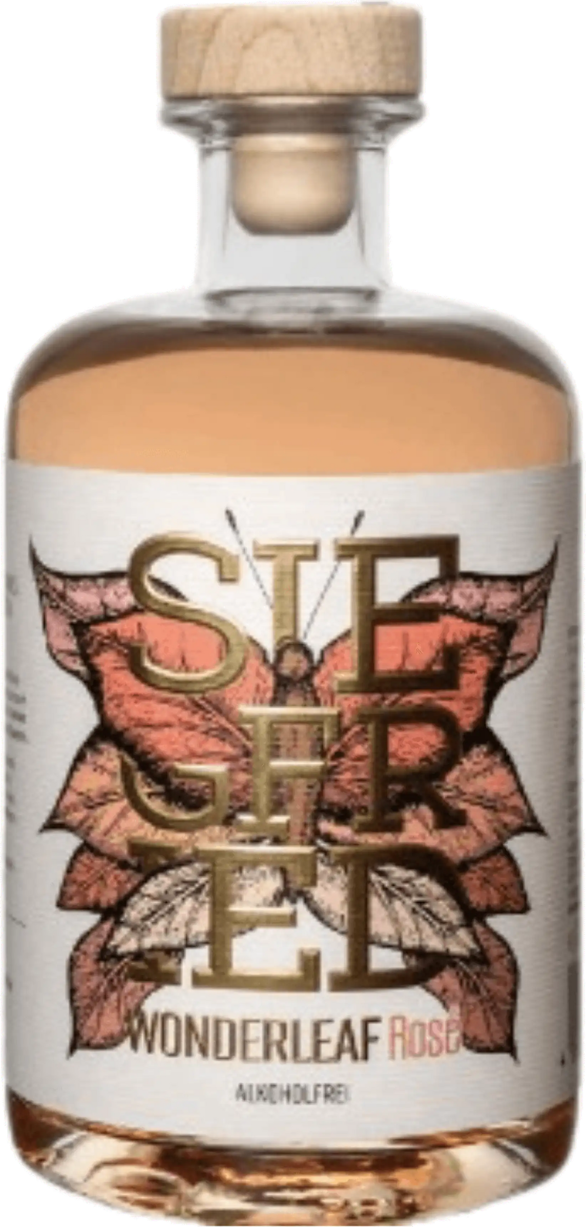 Siegfried Wonderleaf Rose von Rheinland Distillers, alkoholfreie Gin-Alternative in einer Flasche mit rosa Etikett.