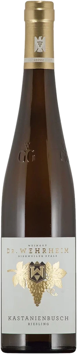 Dr. Wehrheim Riesling Kastanienbusch GG – weiße Weinflasche mit Etikett, Bio-Wein aus der Pfalz