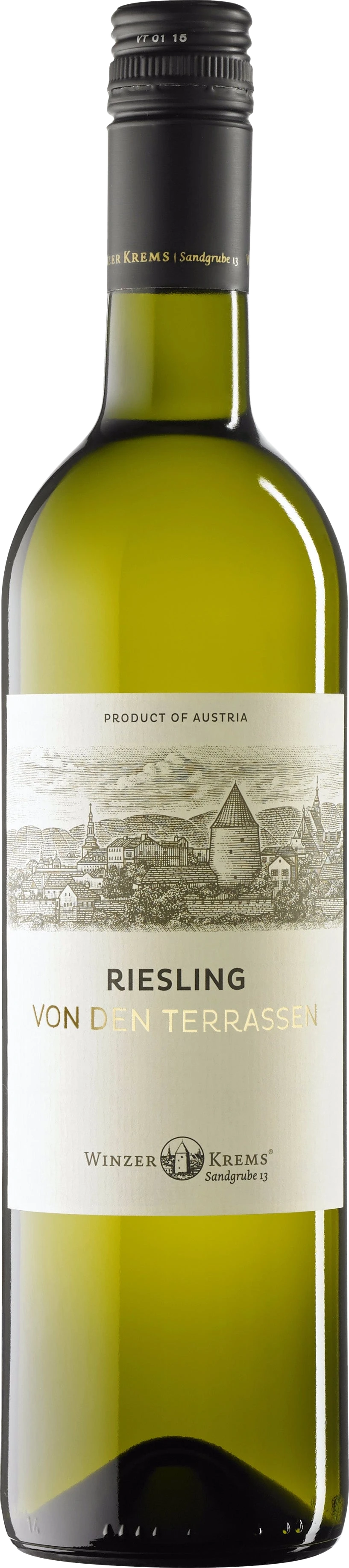 Weißweinflasche Riesling Von den Terrassen von WINZER KREMS eG mit hellem Etikett