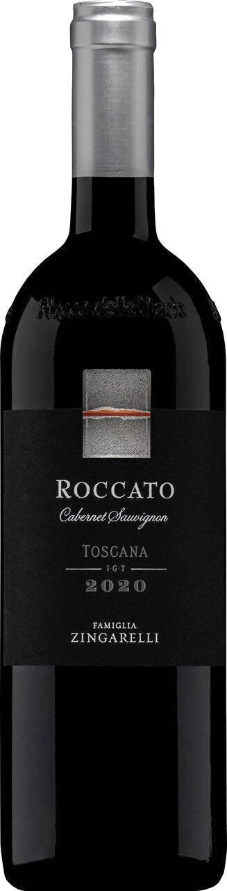 Rote Weinflasche Roccato Cabernet Sauvignon Toscana IGT von Rocca delle Macìe, dunkles Etikett mit Schriftzug