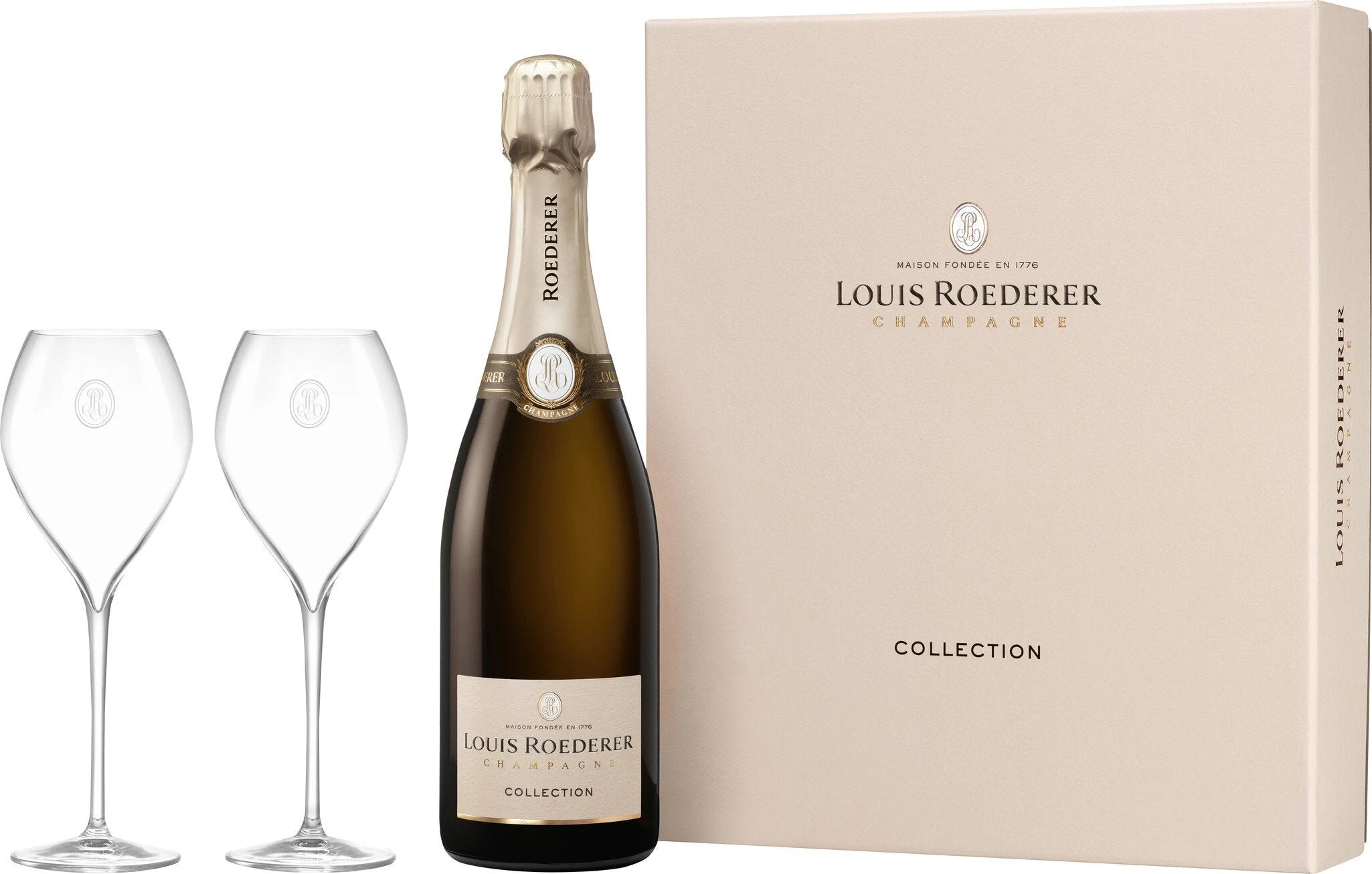 Roederer Collection 2020 Champagner 0,75 l mit zwei Gläsern à 30 cl in beiger Geschenkpackung