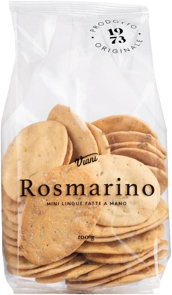 Mini Lingue con Rosmarino von Mario Fongo, 100g – hauchdünne, knusprige Gebäckzungen mit Rosmarin aus dem Piemont