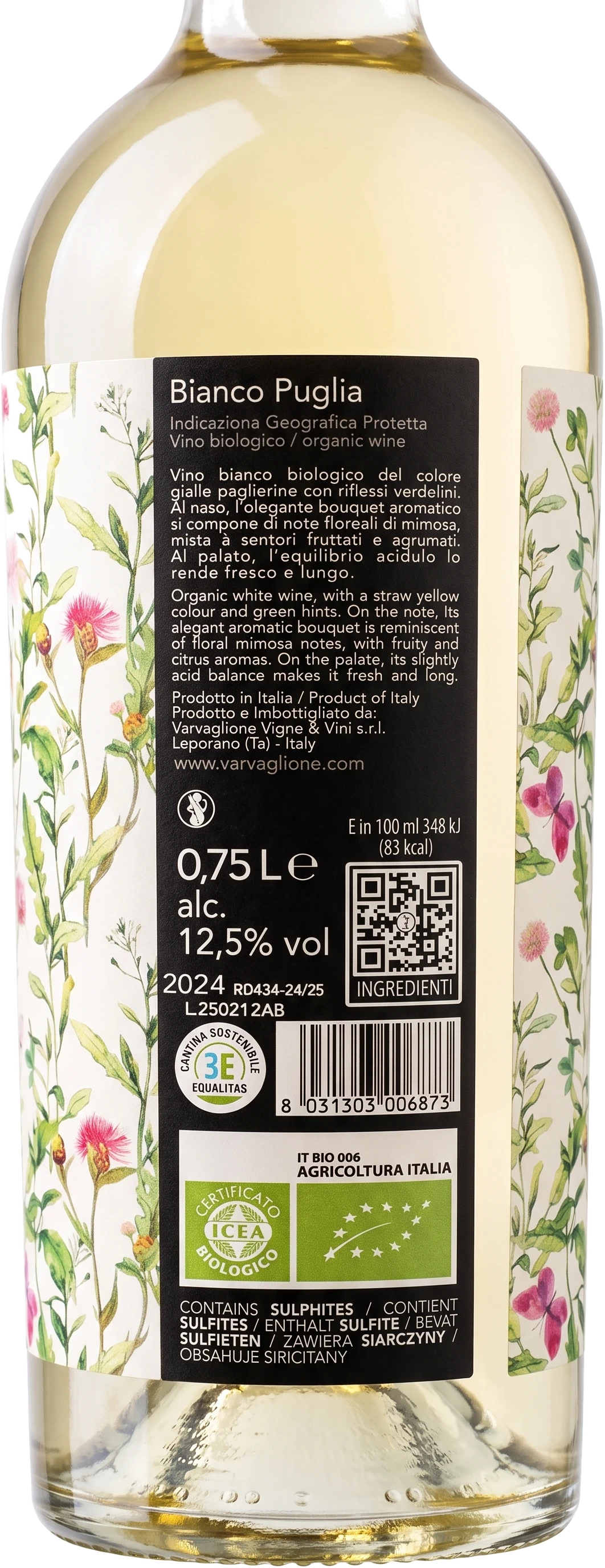 Back label Varvaglione 12 e mezzo Bianco Biologico Puglia IGP