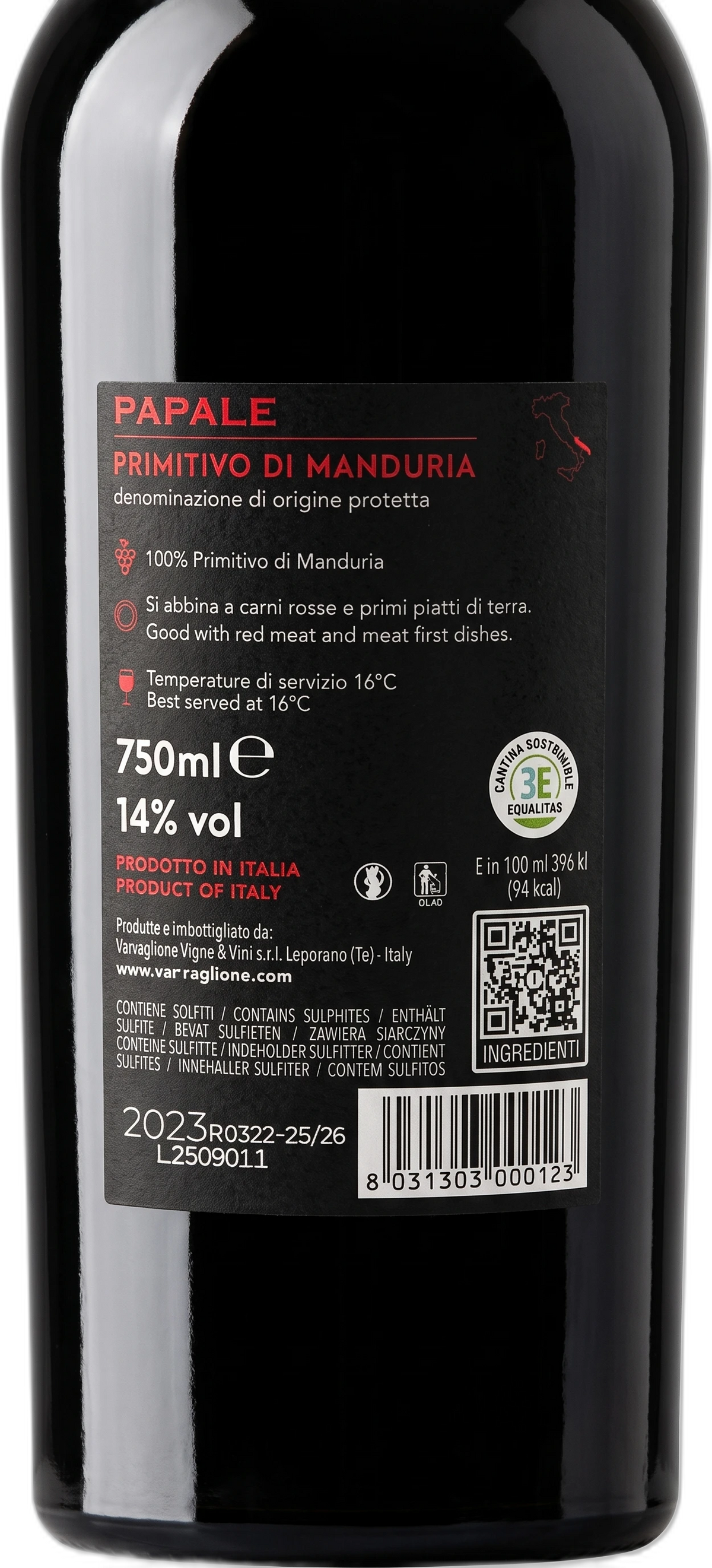 Back label Varvaglione Papale Primitivo di Manduria