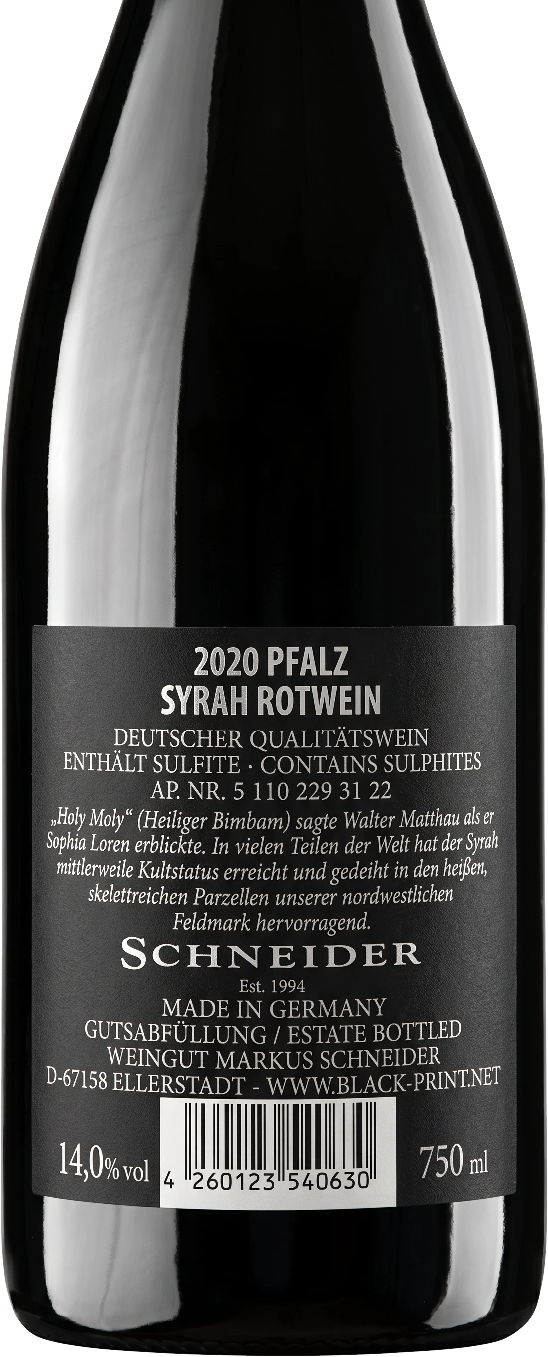 Back label Markus Schneider Holy Moly Syrah