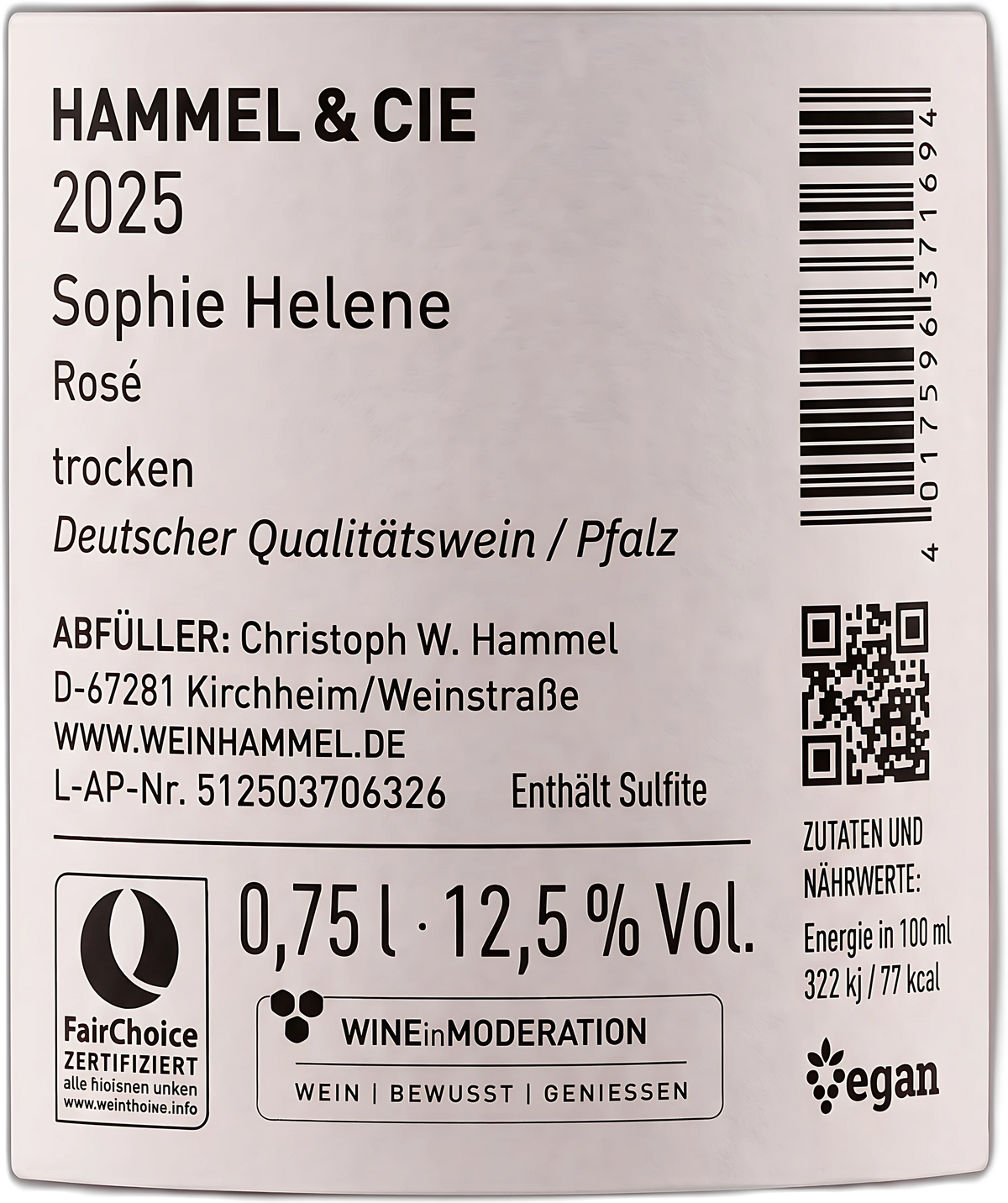 Back label Hammel & Cie Sophie Helene Petit Rose dry