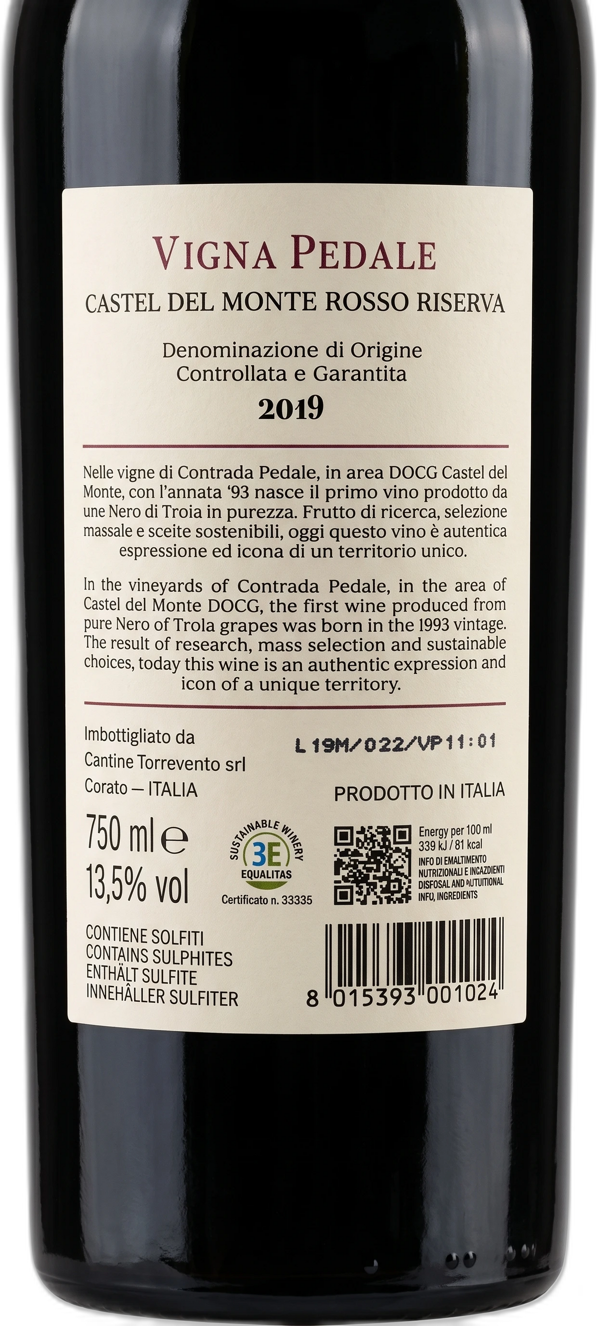 Back label Torrevento Vigna Pedale Castel del Monte Riserva