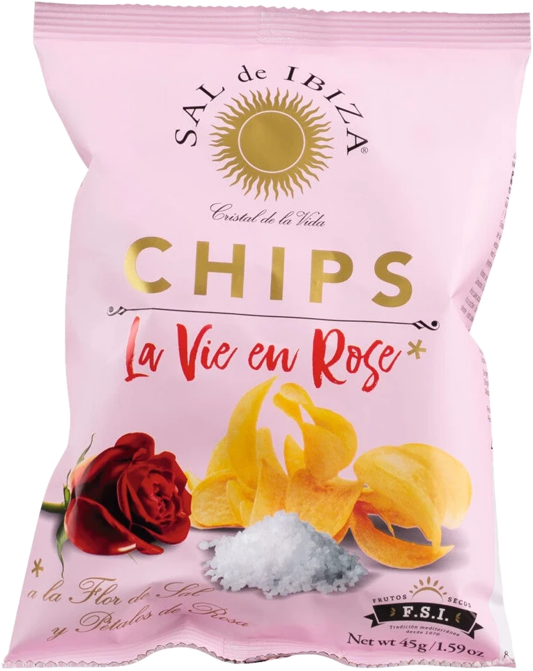 Sal de Ibiza Chips La Vie en Rose – dünne Kartoffelchips mit Fleur de Sel und Rosenblättern in rosafarbener Verpackung