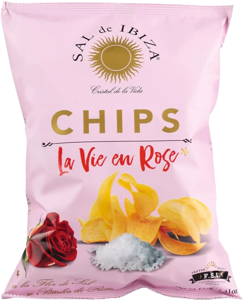 Sal de Ibiza Chips La vie en Rose – dünne Kartoffelchips mit Fleur de Sel und Rosenblüten in rosa Verpackung