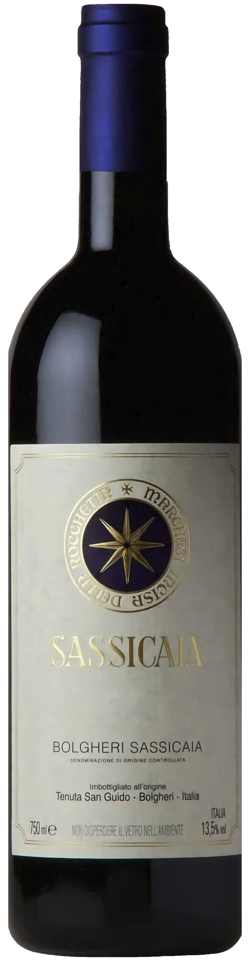 Tenuta San Guido Sassicaia Bolgheri Superiore DOC, Rotweinflasche mit klassischem Etikett, Super Tuscan aus der Toskana