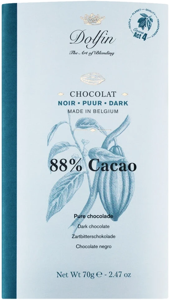 Schokoladentafel noir 88 % cacao mit 88 % Kakao, dunkle Frucht- und Röstmalzaromen, langsam schmelzend.