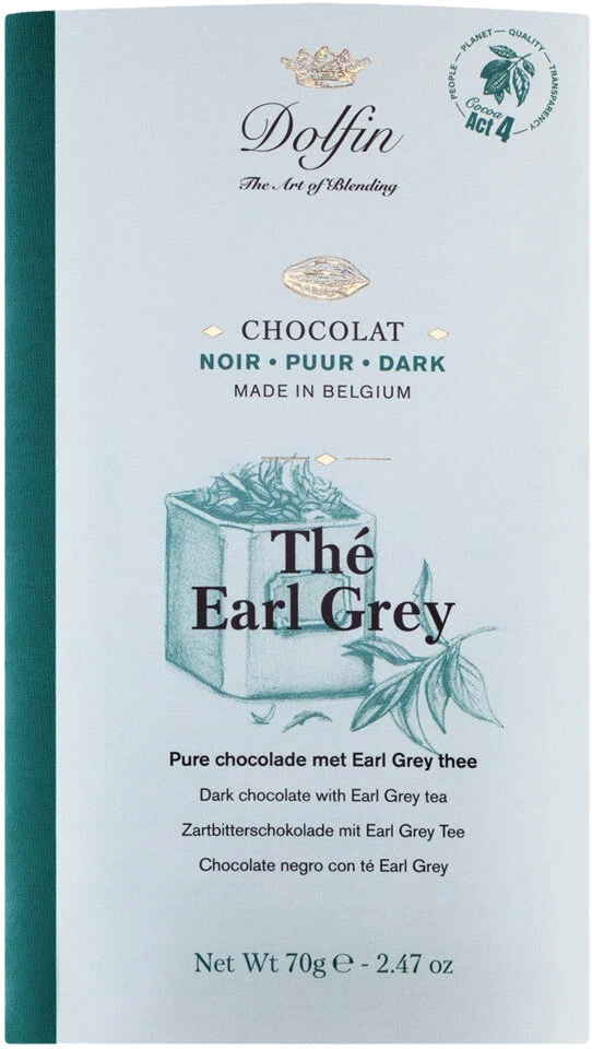 Dolfin Zartbitterschokolade Tablette noir au thé earl grey, 60% Kakao, in gefalteter Papierverpackung mit Aromaversiegelung