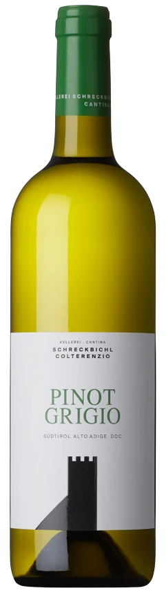 Weißweinflasche Kellerei Schreckbichl Pinot Grigio, helle Etikette mit Bergmotiv