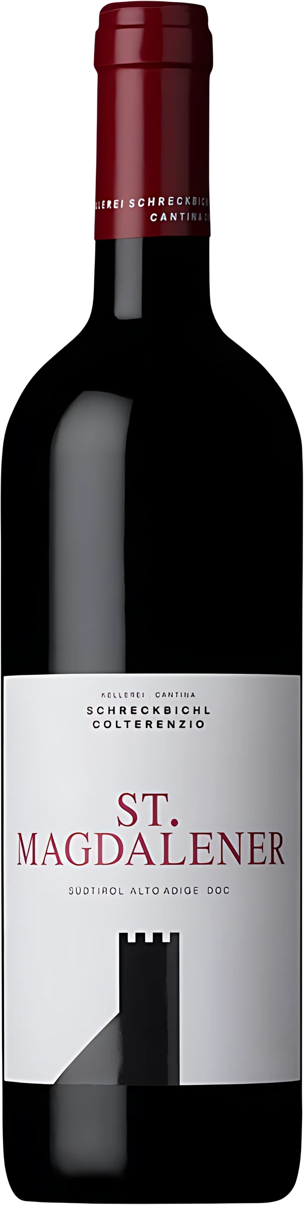 Weinflasche Schreckbichl St. Magdalener Rotwein der Kellerei Schreckbichl mit Etikett und Verschlusskapsel