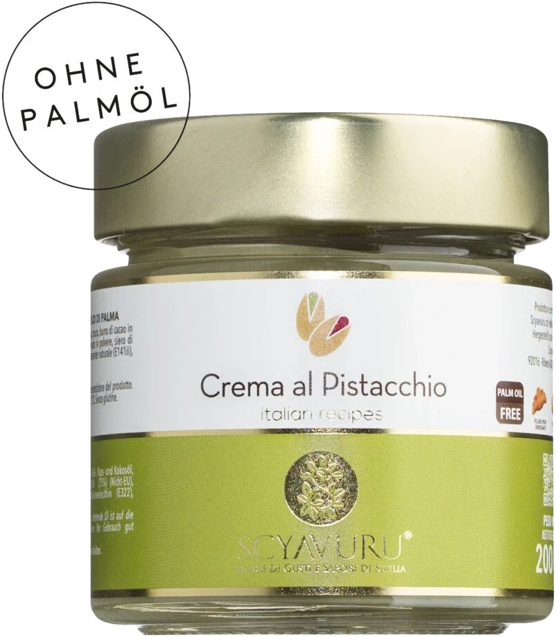 Scyavuru Crema al Pistacchio: Glas mit grüner Pistaziencreme, ohne Palmöl, mit Produktetikett.