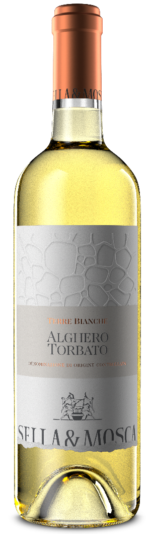 Sella & Mosca Terre Bianche Torbato Alghero: zart gelbe Weißweinflasche mit goldenen Reflexen im Glas.