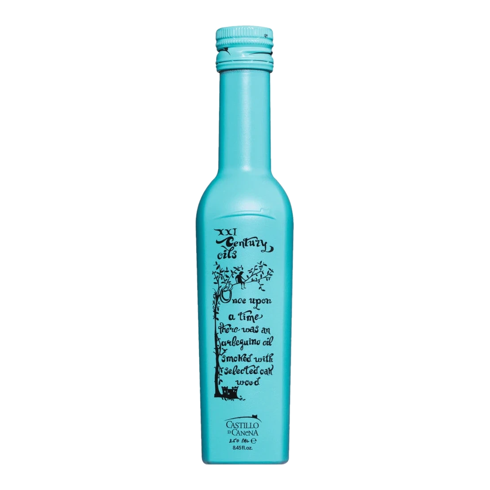 Bottle of Aceite Arbequino al humo de roble – cold-smoked Arbequina olive oil from Spain with oak and beech notes