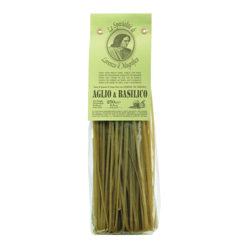 Linguine Aglio e Basilico – pasta with garlic and basil powder made from durum wheat semolina, Tuscan artisanal quality