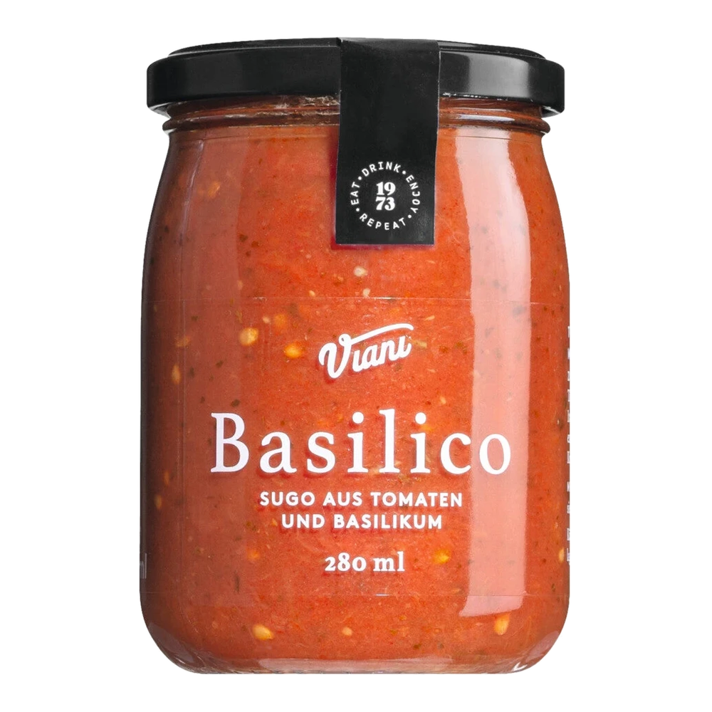 Jar of Basilico Sugo with tomatoes and basil from an unknown manufacturer, red tomato sauce with visible herbs.