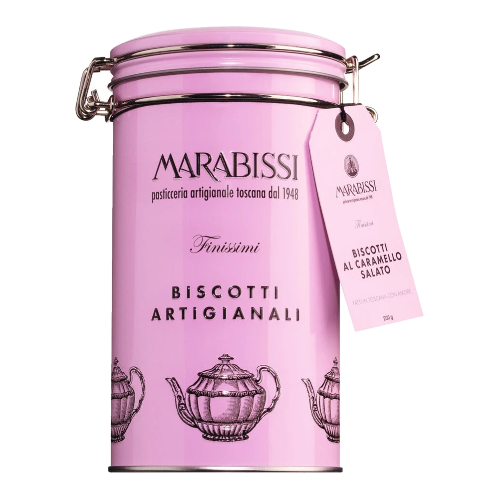 Pasticceria Marabissi Biscotti al caramello salato Glicine – Butterkekse mit Salzkaramell in rosafarbener Blechdose