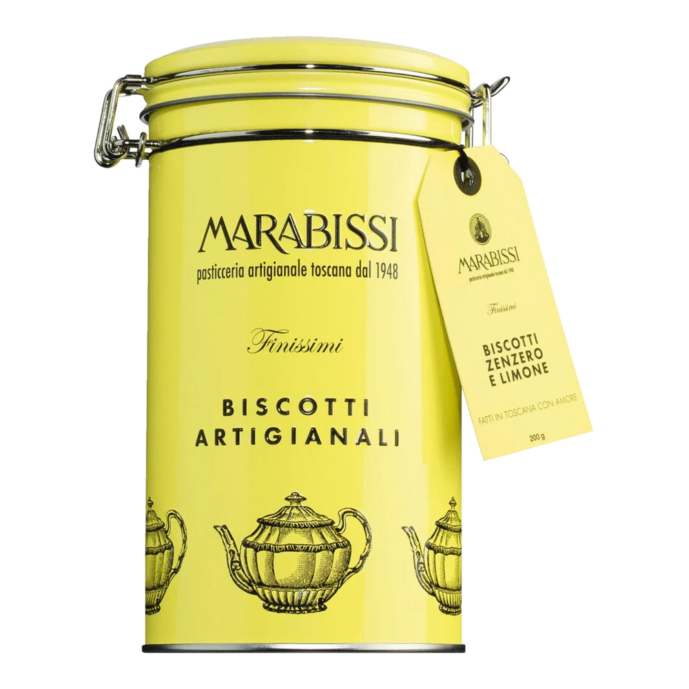 Pasticceria Marabissi Biscotti al limone e zenzero Giallo – Butterkekse mit Zitrone und Ingwer in gelber Blechdose.
