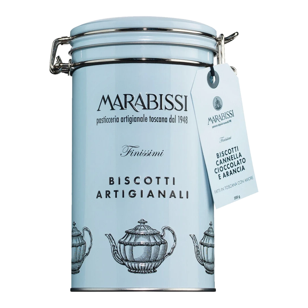 Pasticceria Marabissi Biscotti cioccolato cannella e arancia Azzurro in himmelblaue Blechdose mit Keksen.