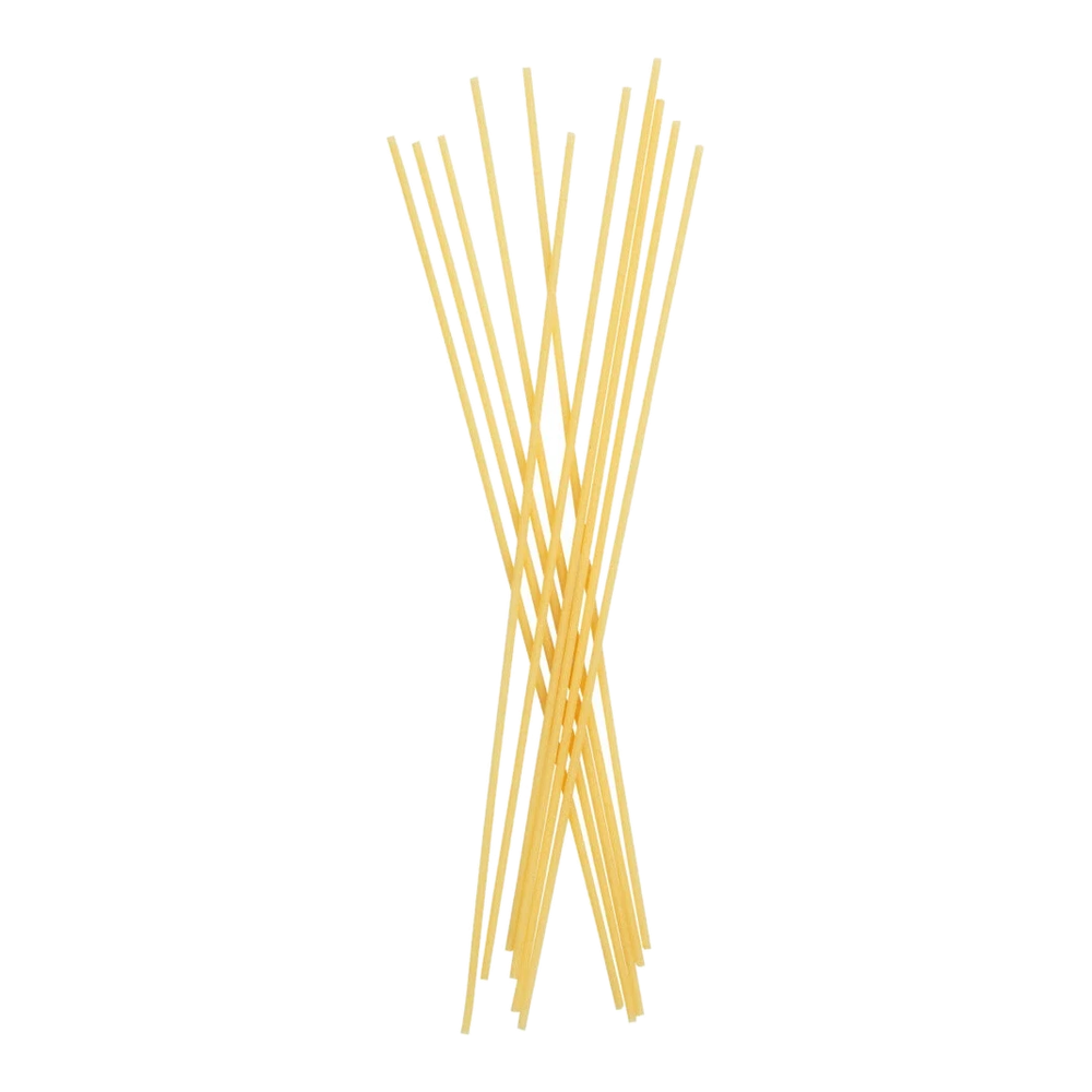 Bucatini – lange, röhrenförmige Pasta mit feinem Kanal in der Mitte, lose gebündelt auf hellem Untergrund.