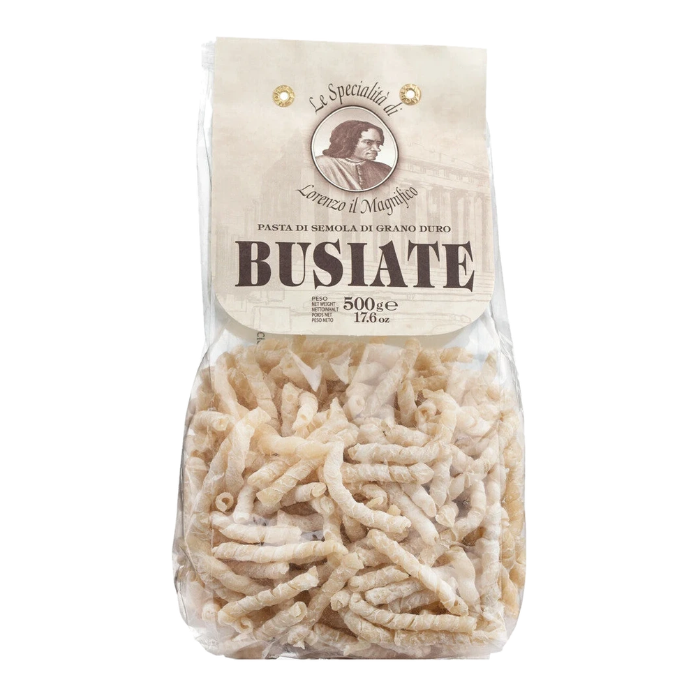 Busiate from Sicily – spiral-shaped pasta from the province of Trapani, traditionally wrapped around a wooden stick.